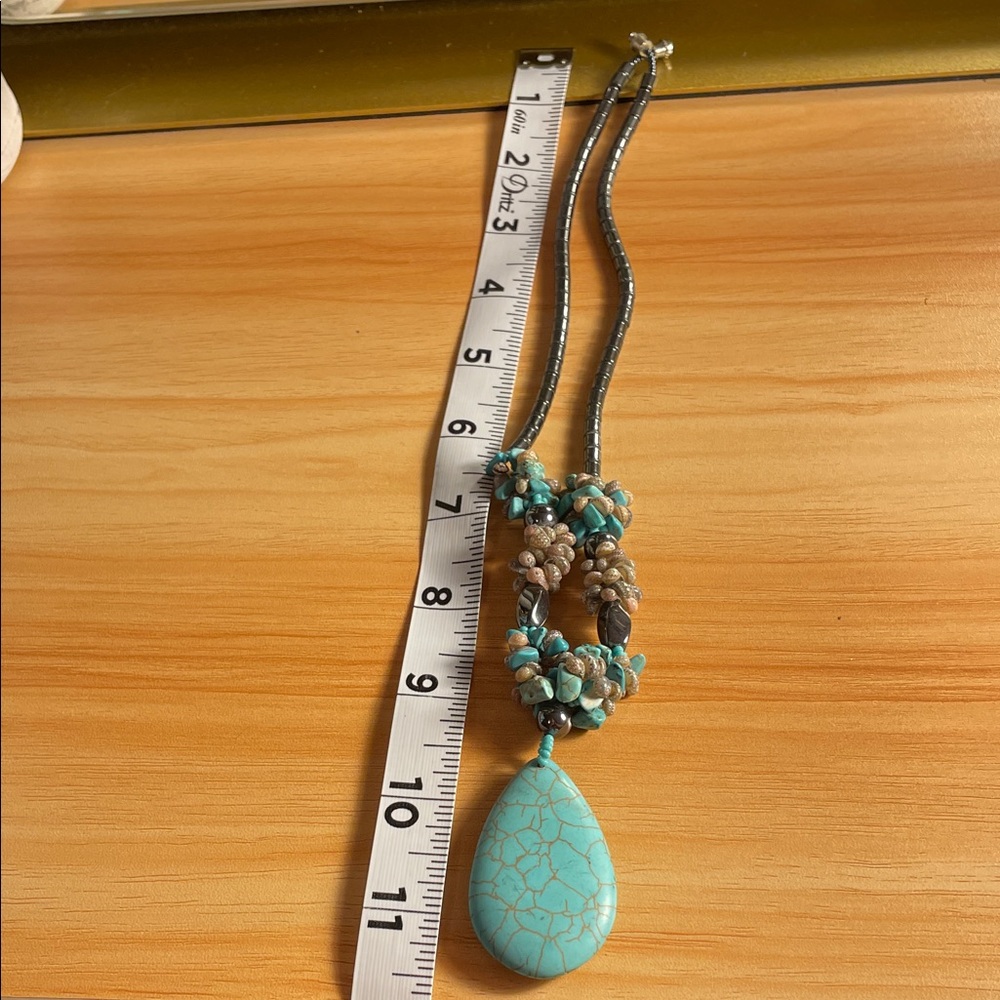 Turquoise and shell Beaded Necklace with Teardrop Pendant